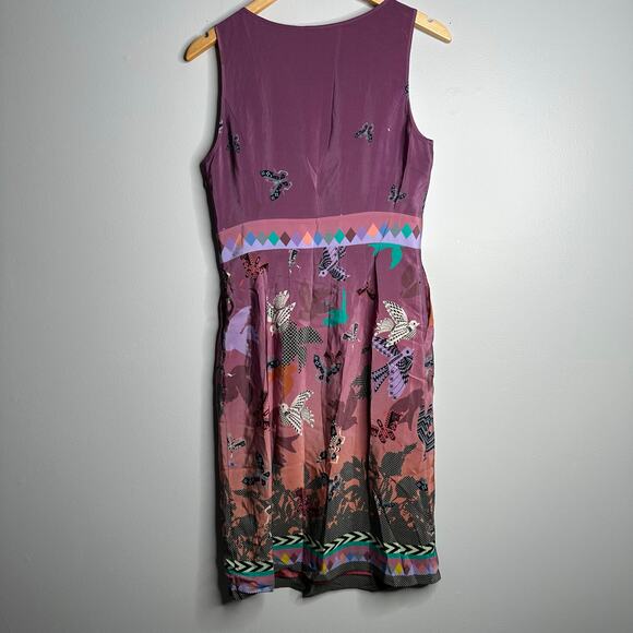 Anthropologie HeyHoe 100% silk purple bird print sheath dress Size 8 - Picture 9 of 9